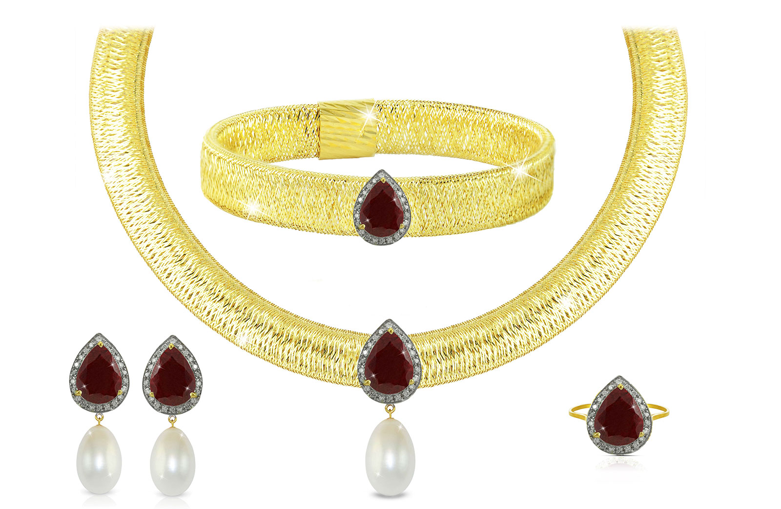 Vera Perla 18K Gold 0.60ct Diamonds, Ruby and 13mm White Pearl Jewelry Set - 4 pcs.